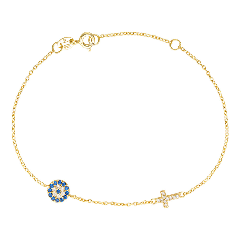 gold evil eye and cross bracelet