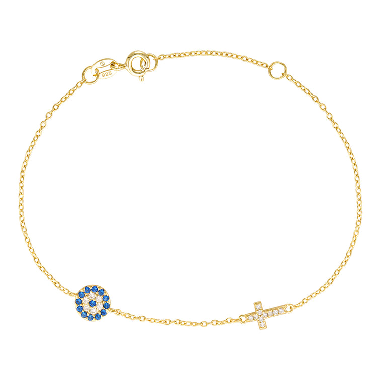 gold evil eye and cross bracelet