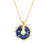 close up view gold cosmic spin necklace, spinning pendant with crystals, .925 sterling silver with 18k gold plated necklace, stars and moon cosmic necklace 40cm with 5cm extender