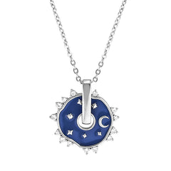 close up view silver cosmic spin necklace, spinning pendant with crystals, .925 sterling silver necklace, stars and moon cosmic necklace 40cm with 5cm extender