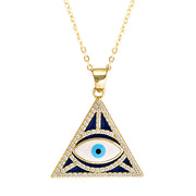 close up view of eye necklace in gold eye pendant necklace, evil eye protection necklace in gold