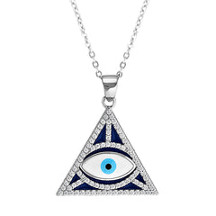 close up view of eye necklace in silver eye pendant necklace, evil eye protection necklace