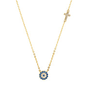 gold evil eye and cross necklace details