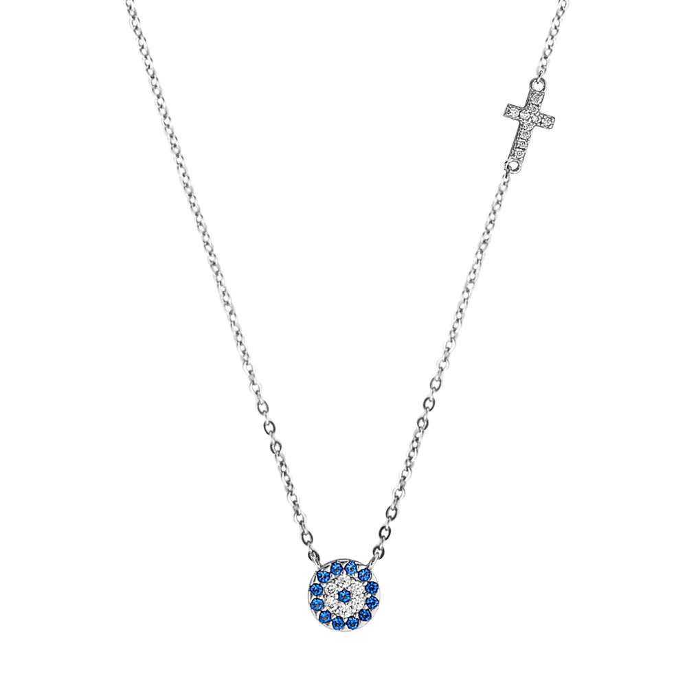 sterling silver evil eye and cross necklace details