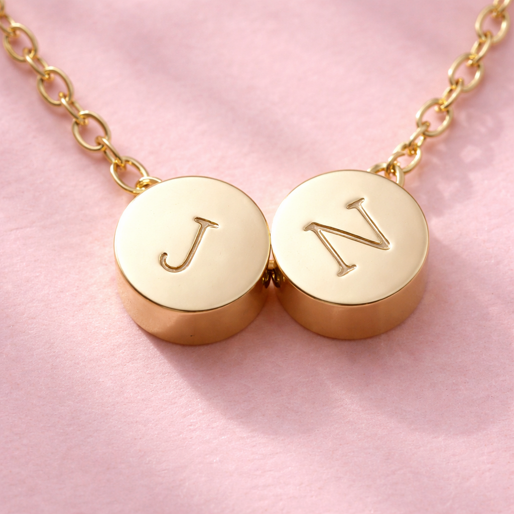 Gold necklace with 'J' and 'N' charms on a pink background