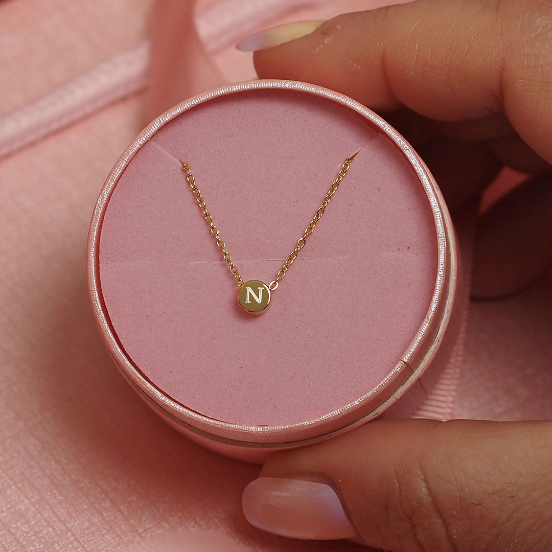 Gold Initial Necklace in letter N, gift boxed in pink box, personalised jewellery, engraved jewellery, stainless steel jewellery, handmade jewellery, australian made jewellery.