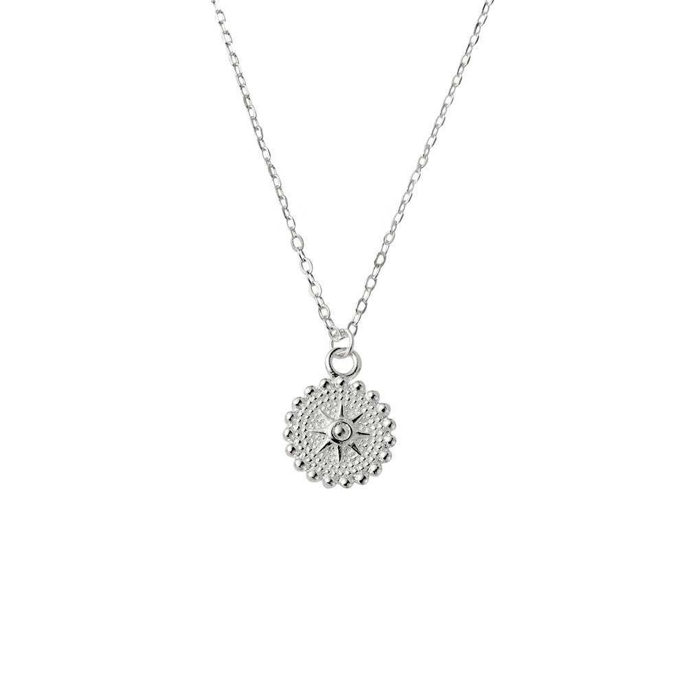 silver round disc starburst pendant necklace