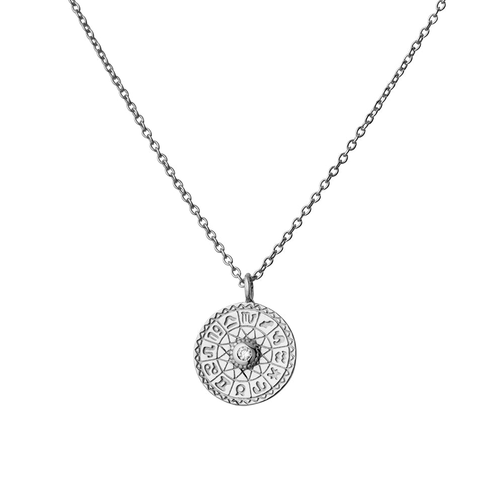 silver round  zodiac disc pendant necklace