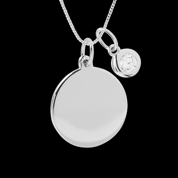 engravable disc necklace with crystal drop pendant