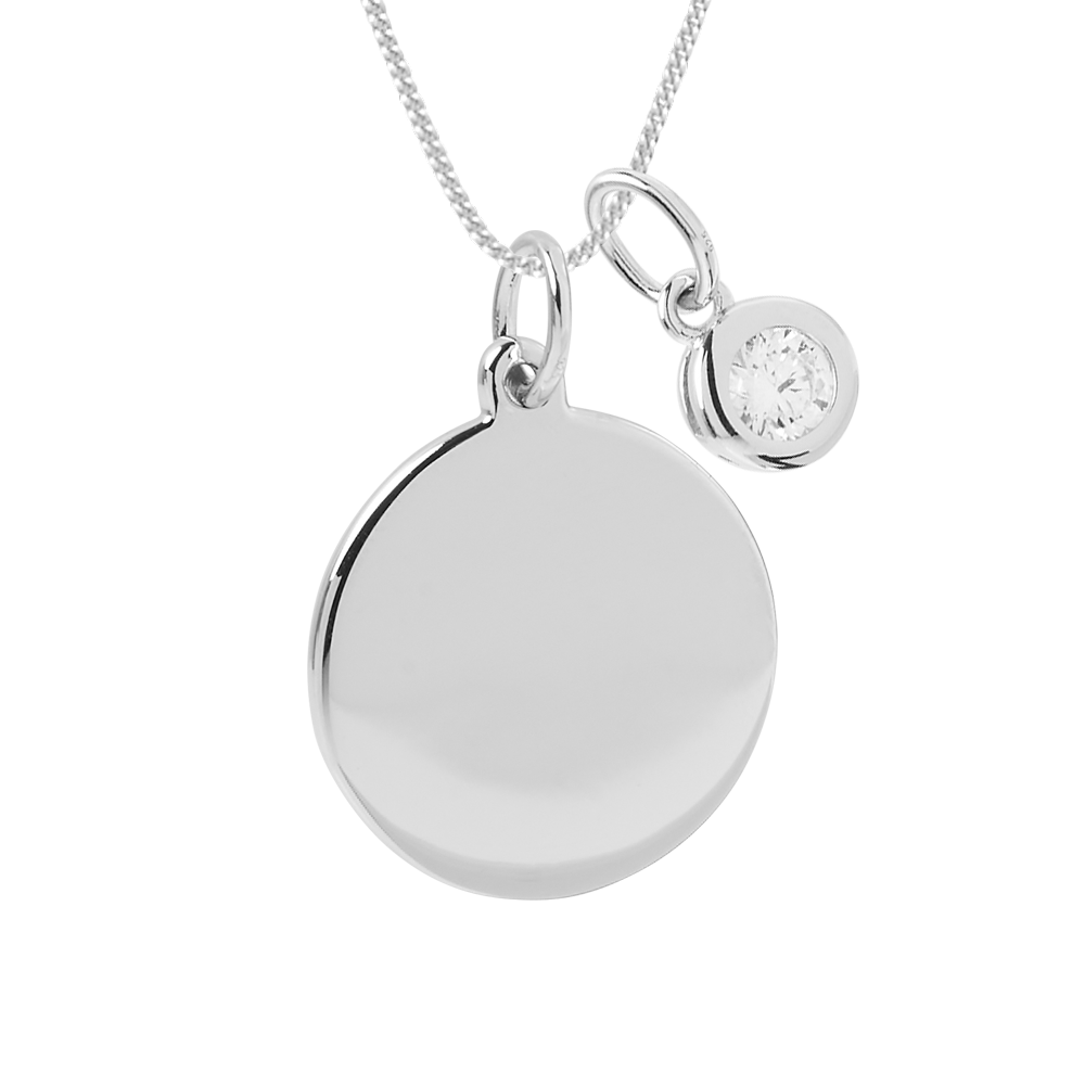 engravable disc necklace with crystal drop pendant