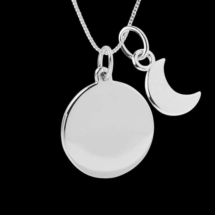 engravable disc necklace with crescent moon pendant