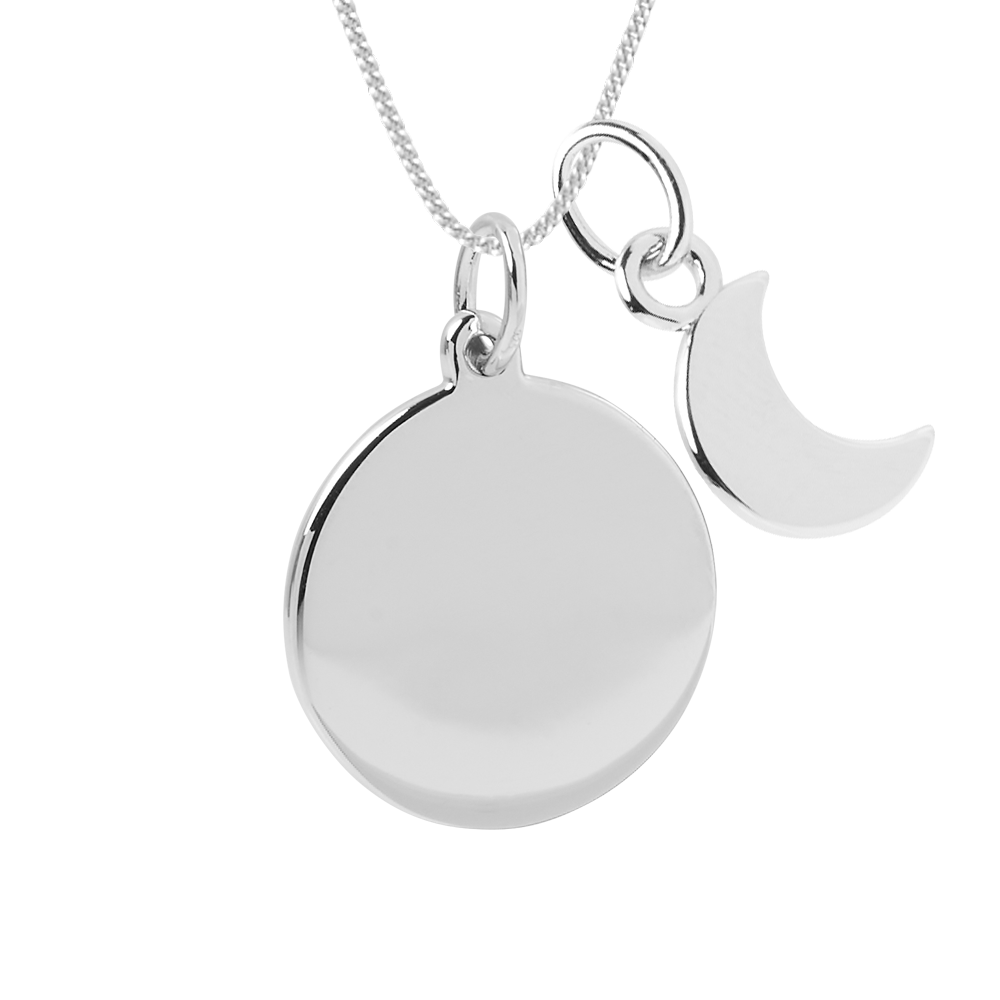 engravable disc necklace with crescent moon pendant