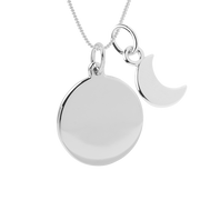 engravable disc necklace with crescent moon pendant