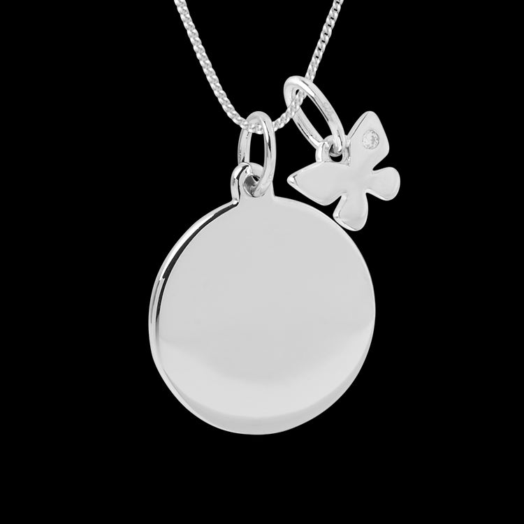 engravable disc necklace with butterfly pendant