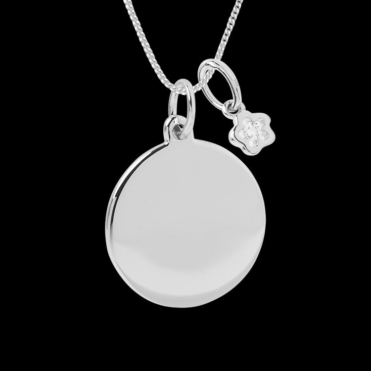 engravable disc necklace with flower pendant