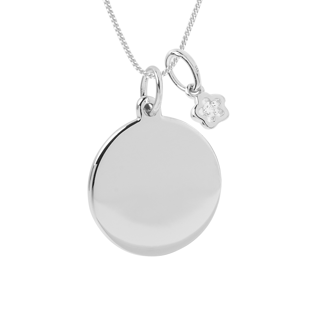 engravable disc necklace with flower pendant