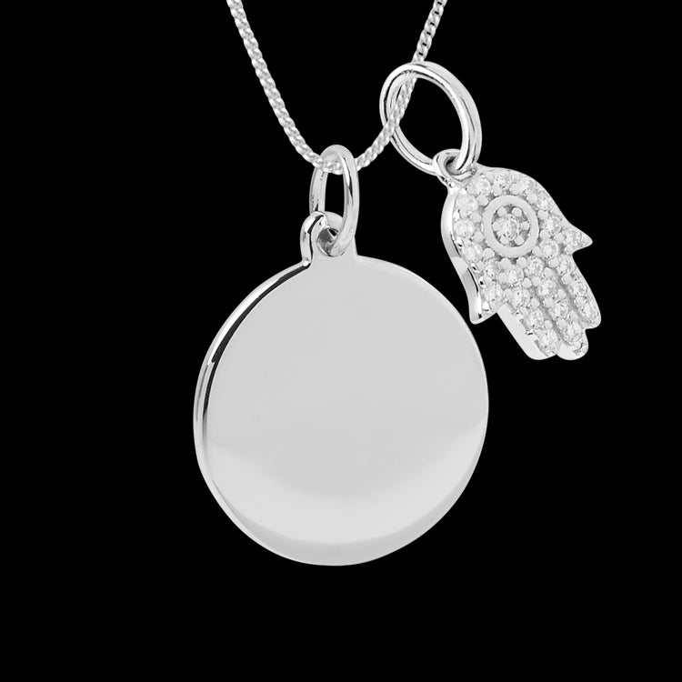 engravable disc necklace with hamsa pendant