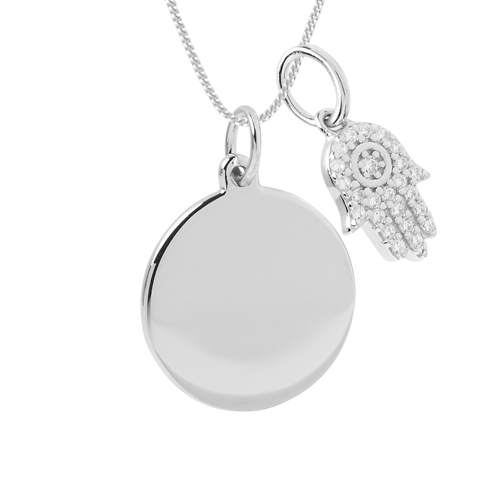 engravable disc necklace with hamsa pendant