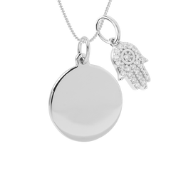 engravable disc necklace with hamsa pendant