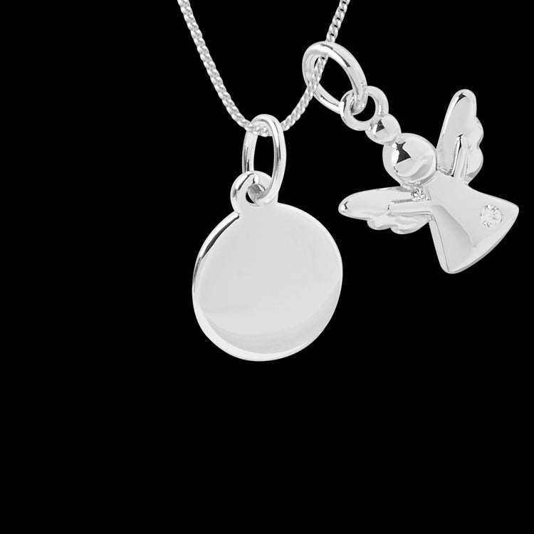 Engravable small disc necklace with angel charm