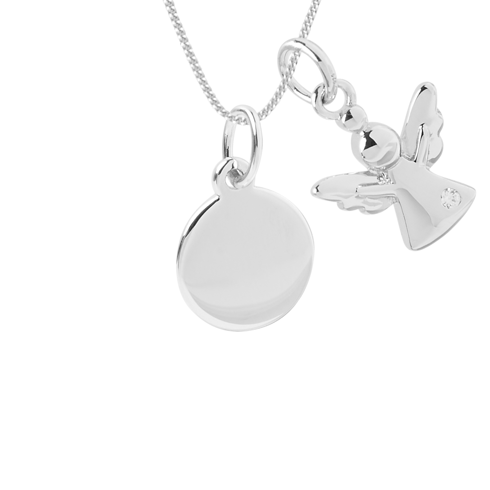 Engravable small disc necklace with angel charm