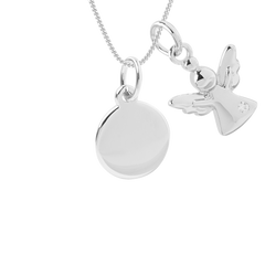 Engravable small disc necklace with angel charm