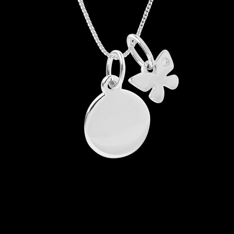 Engravable small disc necklace with butterfly charm