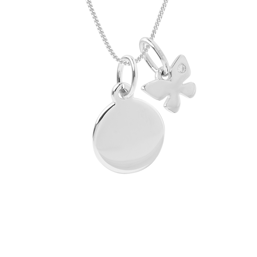 Engravable small disc necklace with butterfly charm