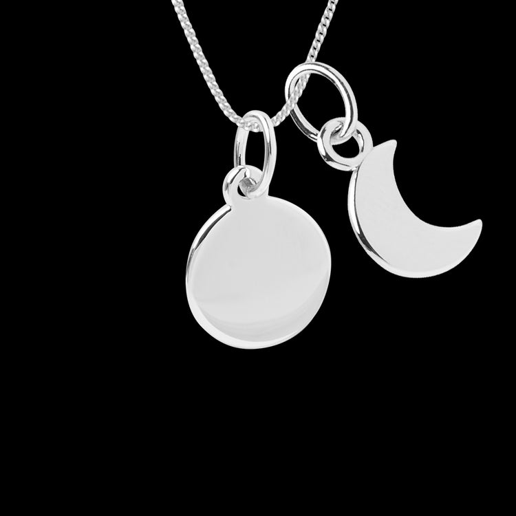 Engravable small disc necklace with crescent moon charm