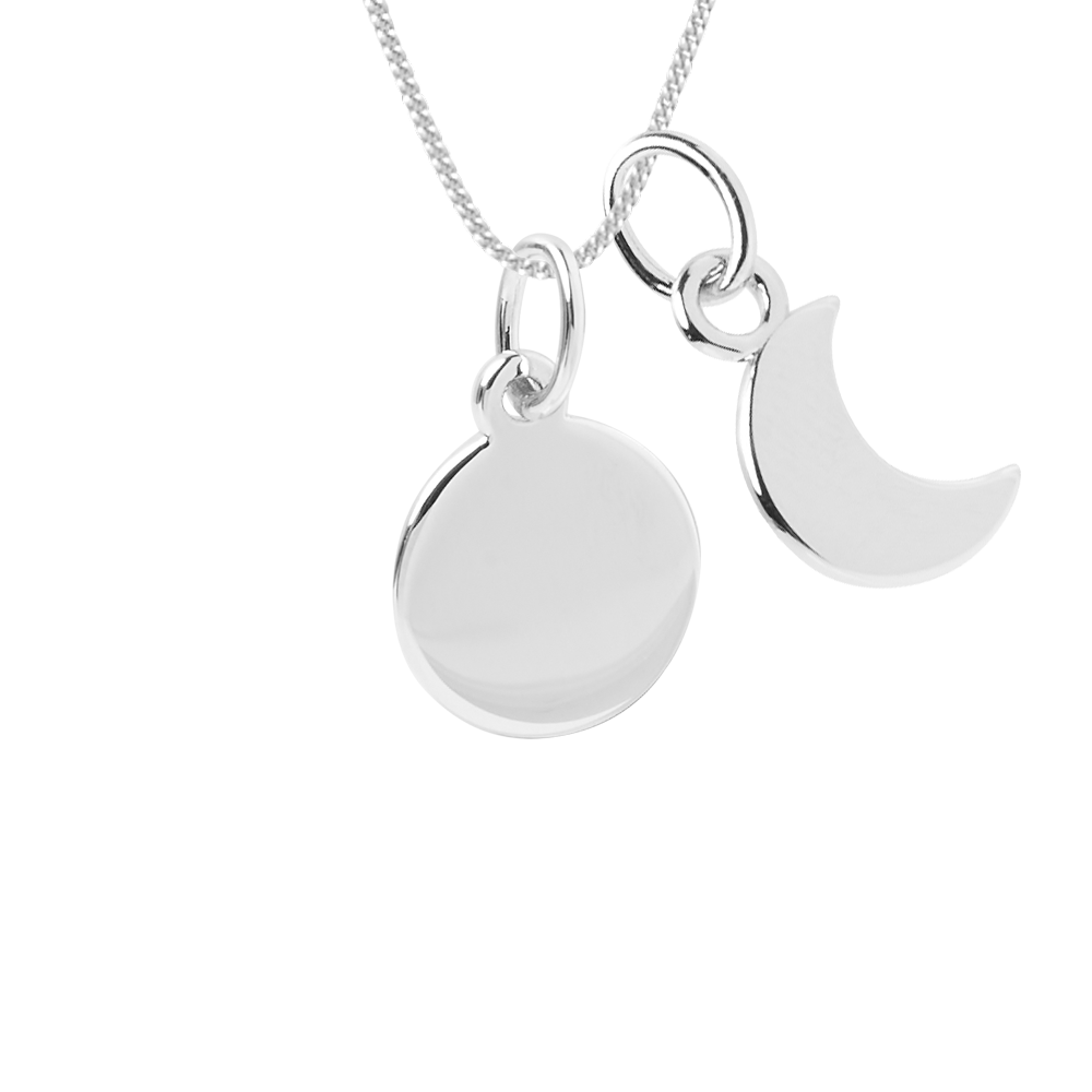 Engravable small disc necklace with crescent moon charm