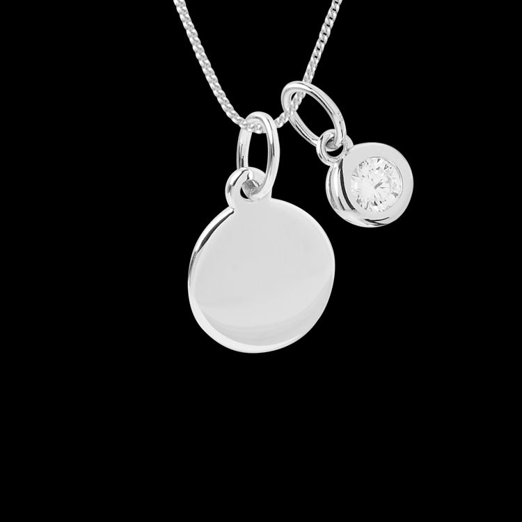 Engravable small disc necklace with crystal drop pendant