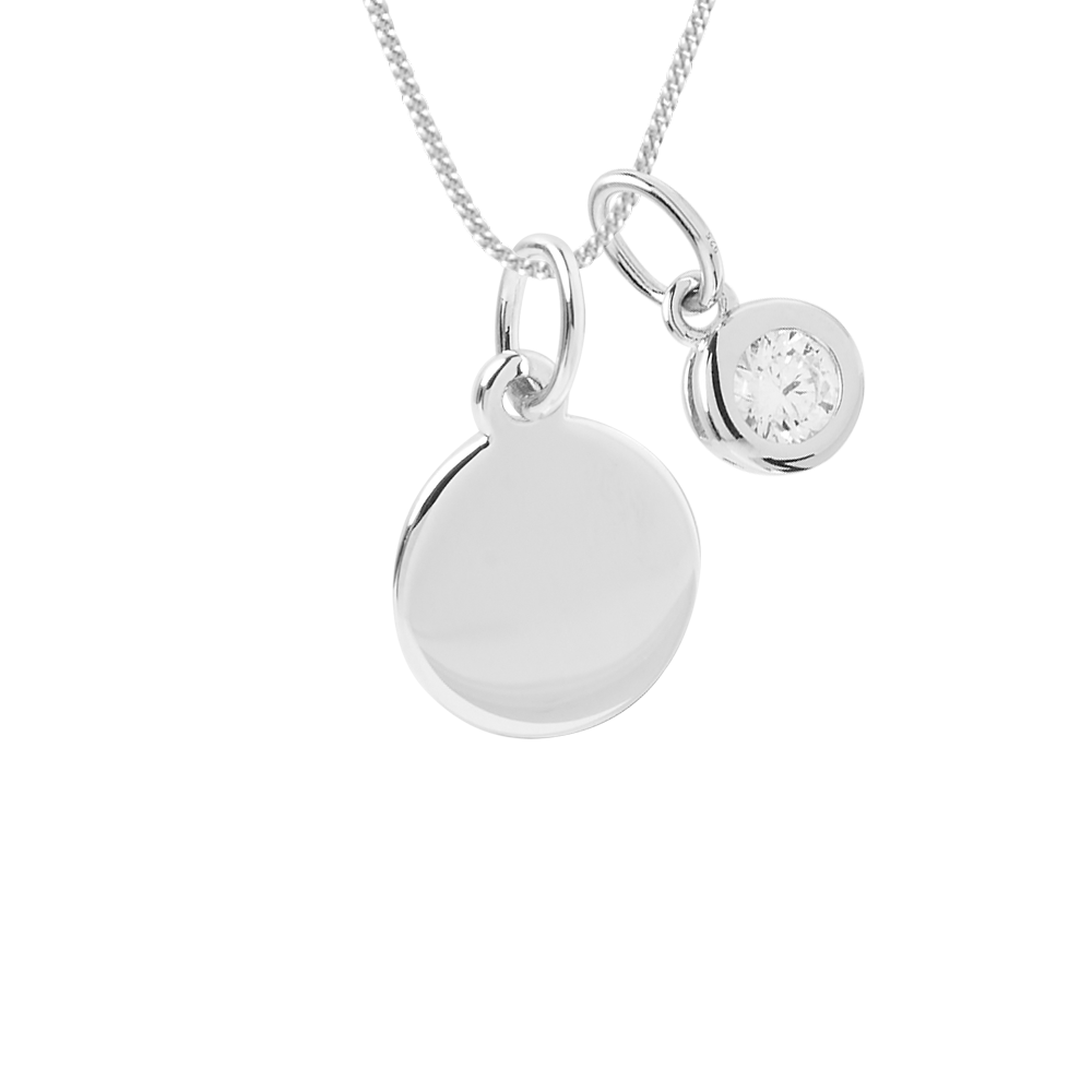 Engravable small disc necklace with crystal drop pendant