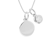 Engravable small disc necklace with crystal drop pendant
