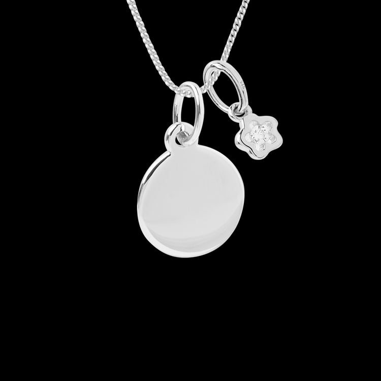 Engravable small disc necklace with flower pendant