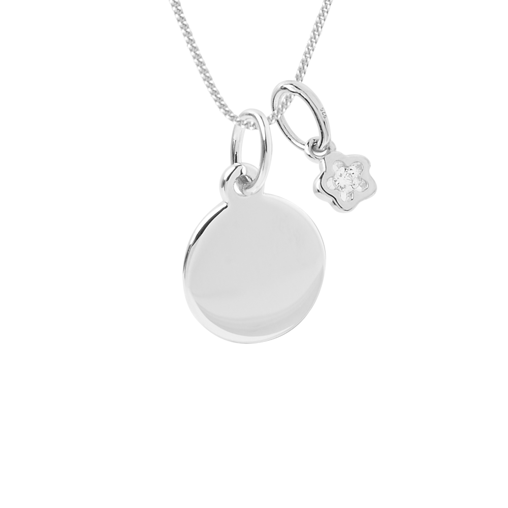 Engravable small disc necklace with flower pendant