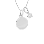 Engravable small disc necklace with flower pendant
