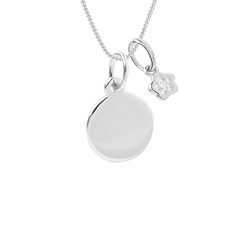 Engravable small disc necklace with flower pendant