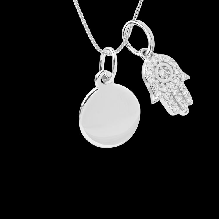 Engravable small disc necklace with hamsa pendant