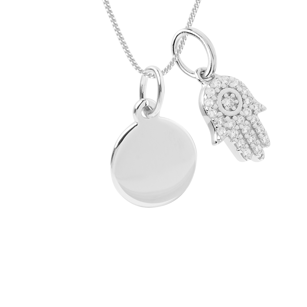 Engravable small disc necklace with hamsa pendant