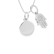 Engravable small disc necklace with hamsa pendant