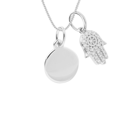 Engravable small disc necklace with hamsa pendant