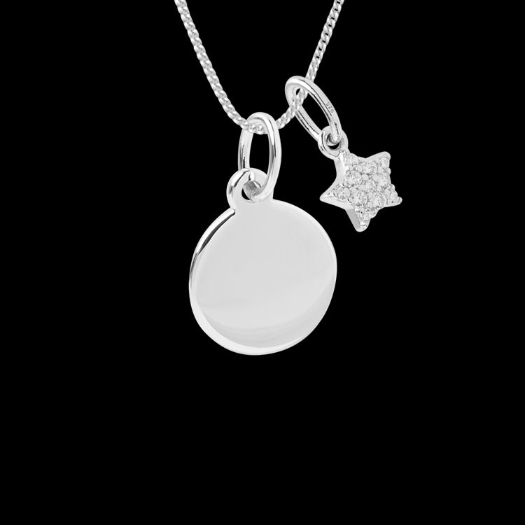 Engravable small disc necklace with star pendant