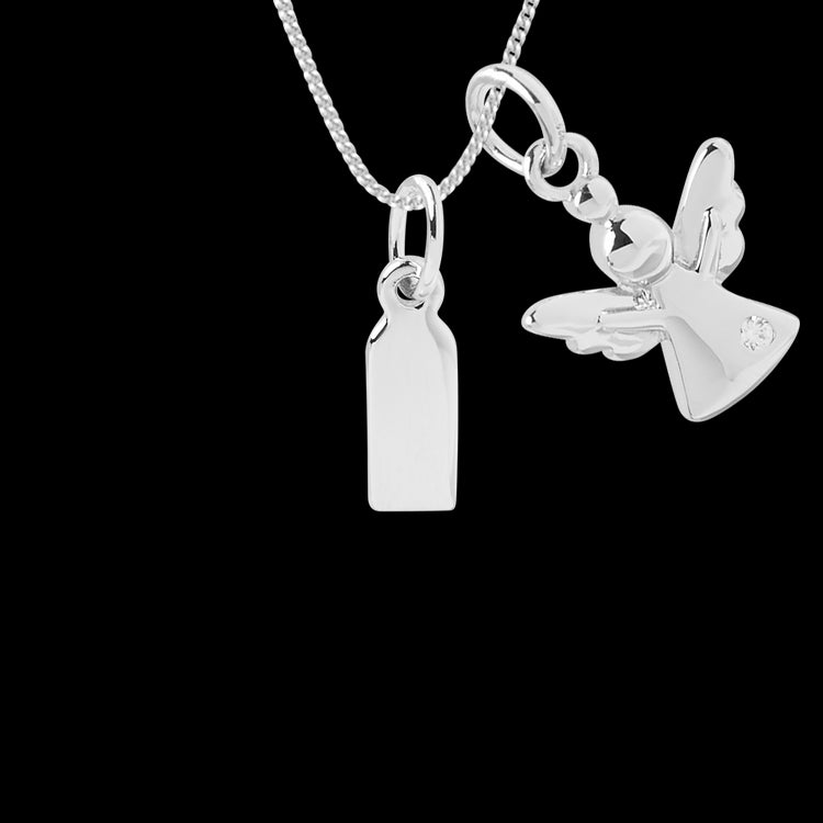 engravable small tag necklace with angel pendant