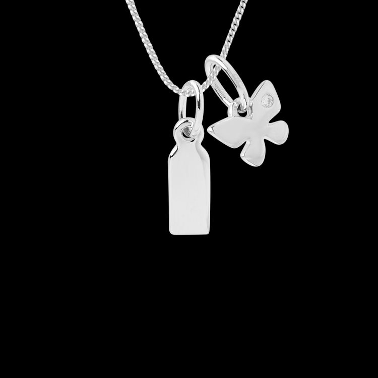 engravable small tag necklace with butterfly pendant