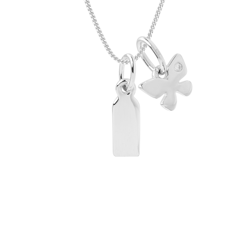 engravable small tag necklace with butterfly pendant