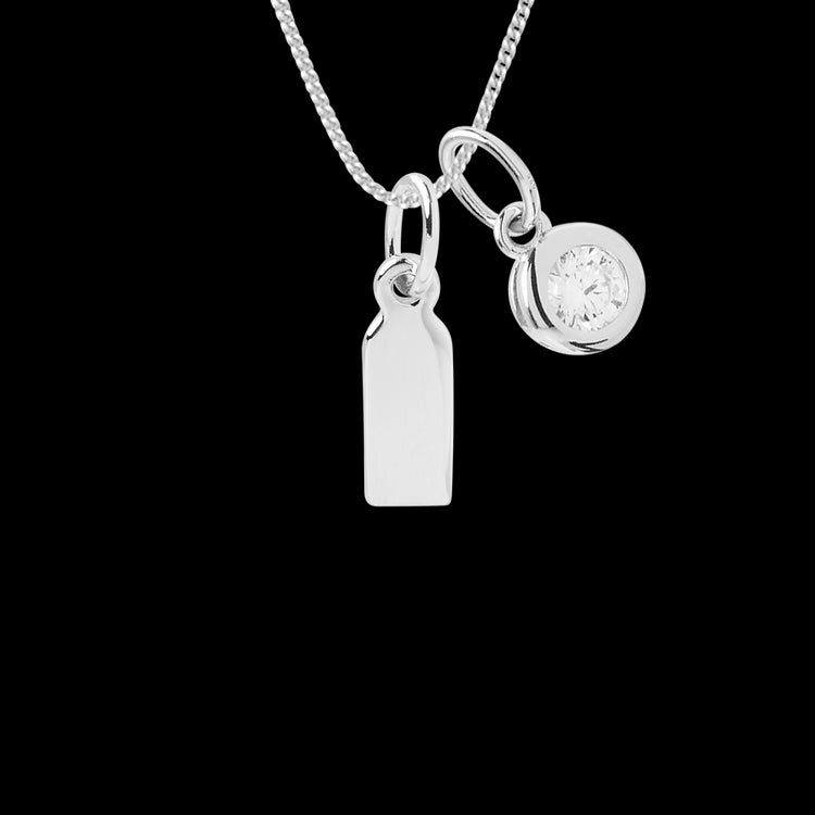 engravable small tag necklace with crystal drop pendant