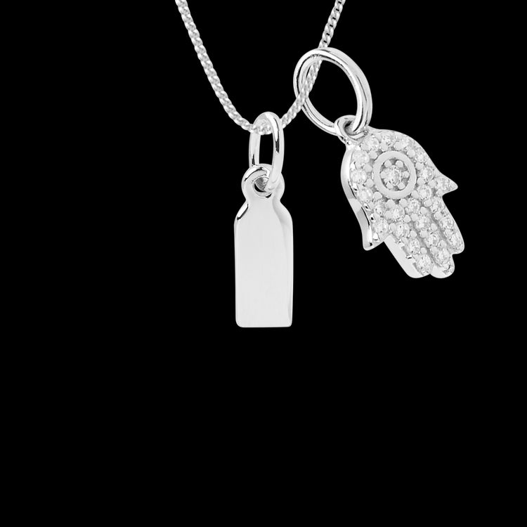engravable small tag necklace with hamsa pendant