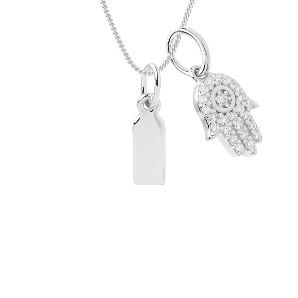engravable small tag necklace with hamsa pendant