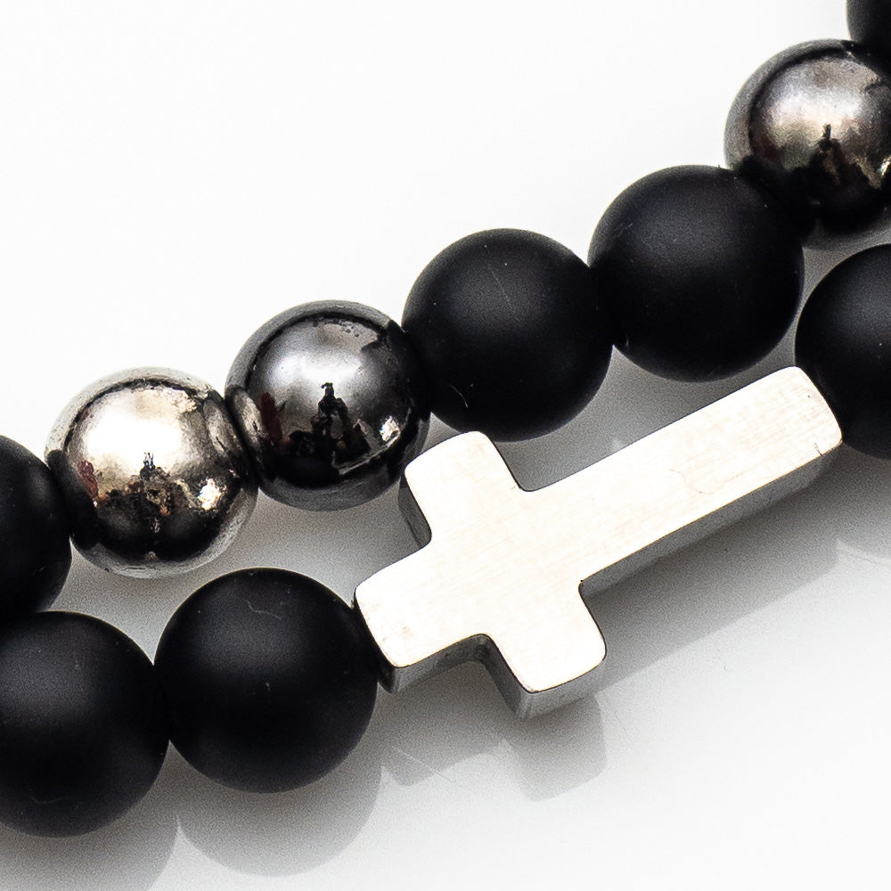 men's bracelet, men's double wrap stone bracelet with cross