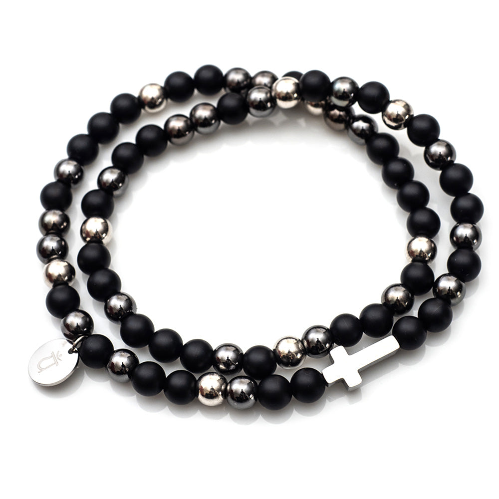 men's bracelet, men's double wrap stone bracelet with cross